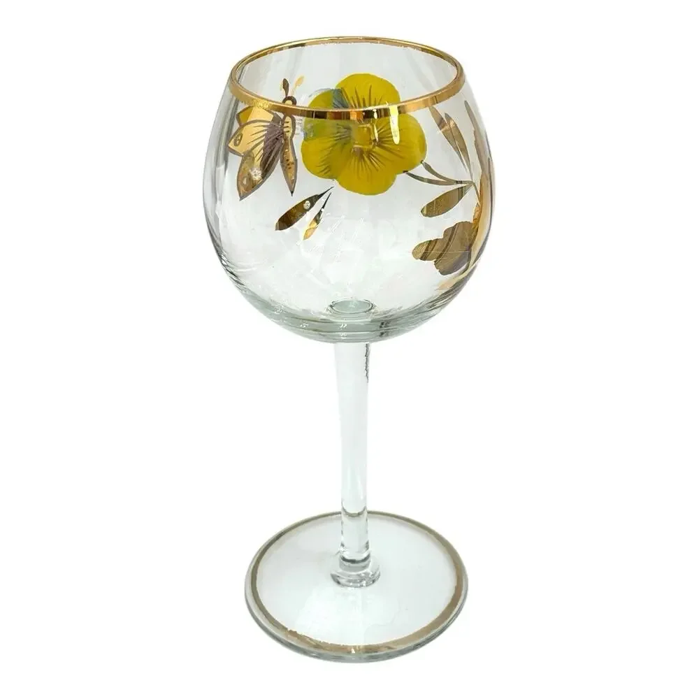 Vtg Romanian Hand Painted Crystal Floral Decanter & 5 Stemmed Glasses Yellow EUC